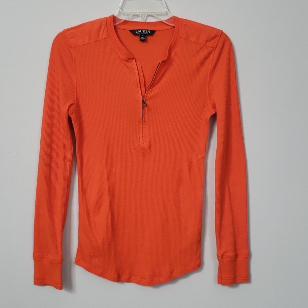 Ralph Lauren Top Womens Med Orange Rib Knit Zip Henley Lightweight Layer Shirt